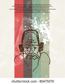 The old man listens to music. Old print background.