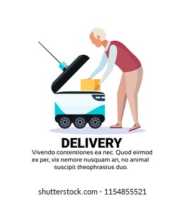 old man loading box robot self drive fast delivery goods in city car robotic carry concept isolated copy space flat vector illustration