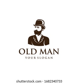 Diseño del logo de un anciano. Impresionante logo de hombre viejo. Un anciano con un logotipo de sombrero y traje.