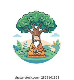 An old man with a long white beard sits in a lotus position, eyes closed, in deep meditation.