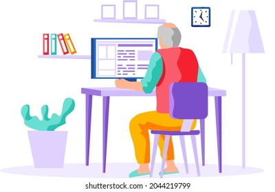 Old man looking for information and surfing internet. Person tries to use computer. Character sits and spends time on social media. Elder learns new technologies, work and communicate through gadget