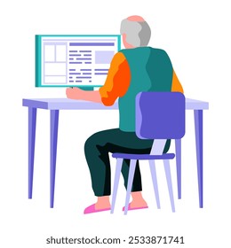 Old man looking for information and surfing internet. Person tries to use computer. Complete old people with modern digital technologies, communicate with gadget. Grandpa learns to work with laptop