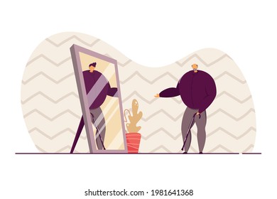 Old Man Looking In Mirror And Seeing Younger Self. Elderly Person With Waking Stick, Young Man In Reflection Flat Vector Illustration. Youth, Nostalgia Concept For Banner, Website Design