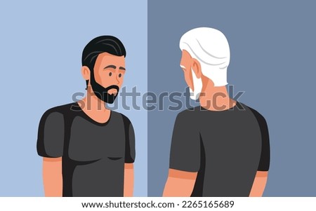 
Old Man Looking in the Mirror Seeing Younger Reflection of Himself. Elderly guy thinking about his younger self with nostalgia
