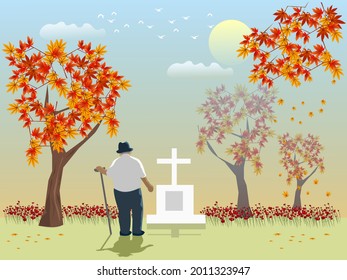 Un anciano mira la tumba de su amante con arboles de arce y cielo naranja al fondo.