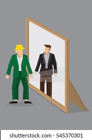 Old man looks into mirror and sees himself as young man in reflection. Creative cartoon vector illustration on self perception concept isolated grey background.