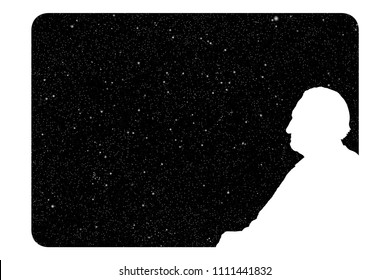 Old man looks out window at night. Vector illustration with silhouette of passenger on train under starry sky. Inverted black and white
