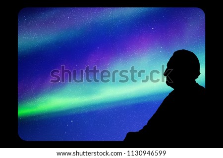 Old man looks out window at night. Vector illustration with silhouette of passenger on train. Northern lights in starry sky. Colorful aurora borealis
