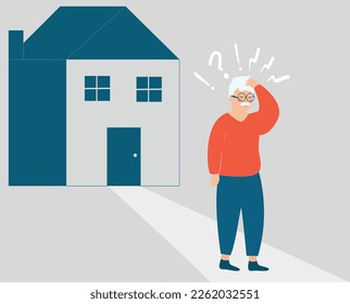 Old man lost his way and can't remember his address. Elderly grandfather walking on street lost his home. Senior people with Memory loss issues. Alzheimer symptom disease and mental health disorder.