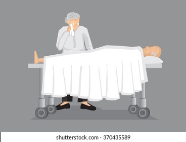 Old man lying on hospital bed and an old woman crying by his side. Vector illustration on death and mourning concept isolated on grey background.