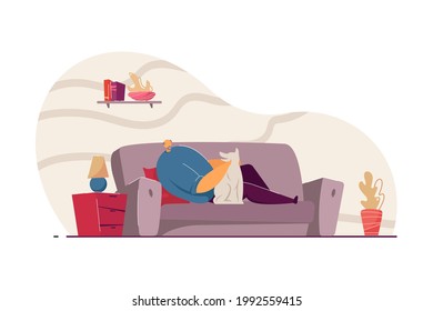 Old man lying on sofa with dog flat vector illustration. Senior man resting at home, spending time with lovely pet. Domestic animal, retirement concept for banner, website design or landing web page