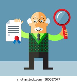 Old Man with magnifier glass and graduation diploma. Flat style vector illustration on gray background.