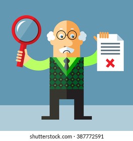 Old Man with magnifier glass holding checklist with X sign.  Unsuccessful searching. Flat style vector illustration on gray background.