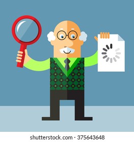 Old Man with magnifier glass and preloader icon. Searching. Flat style vector illustration on gray background.