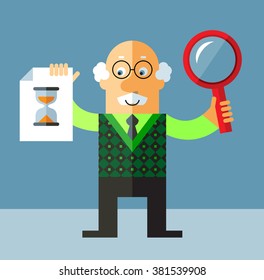 Old Man with magnifier glass and preloader icon. Searching. Flat style vector illustration on gray background.