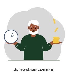 A old man makes a decision or chooses between two options or alternatives, a watch and a pile of coins. The concept of time or money, the balance between work and leisure. Vector flat illustration