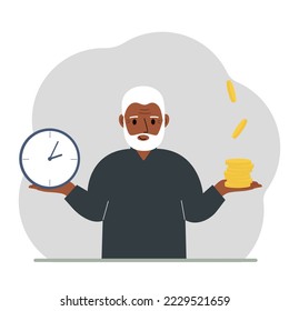 A old man makes a decision or chooses between two options or alternatives, a watch and a pile of coins. The concept of time or money, the balance between work and leisure. Vector flat illustration