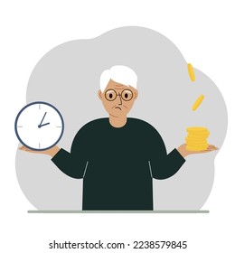 Un anciano toma una decisión o elige entre dos opciones o alternativas, un reloj y un montón de monedas. El concepto de tiempo o dinero, el equilibrio entre trabajo y ocio. Ilustración plana del vector