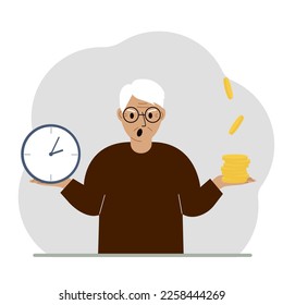 A old man makes a decision or chooses between two options or alternatives, a watch and a pile of coins. The concept of time or money, the balance between work and leisure. Vector flat illustration