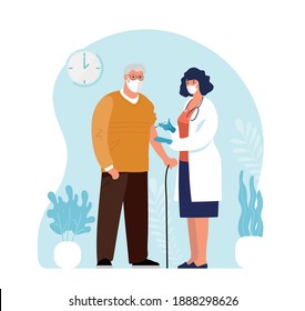 An old man makes a vaccination in a clinic, a doctor with a syringe, conceptual illustration for health immunity. Adult immunization, covid vaccine. Flat illustration isolated on white background.