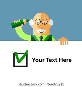 Old Man making green check mark in check box. Voting. Right Choice. Flat style vector illustration on gray background.