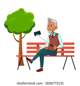 Hombre Mayor Haciendo Selfie Por Teléfono En El Vector De Parque. Un Pensionista Hispano Sostiene Un Palo De Selfie Con Smartphone Para Hacer Fotografía En Cámara De Teléfono Celular. Caracteres que disfrutan de la ilustración de dibujos planos al aire libre