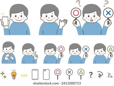 Ein alter Mann macht verschiedene Gesten. Fingerzeig, wahres oder falsches Quiz und Einführung auf Smartphones.