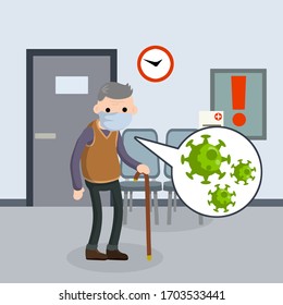 Old man in medical mask in hospital. Reception of patient. Senior with cane. Cartoon flat illustration. Quarantine and coronovirus. Treatment for virus in clinic