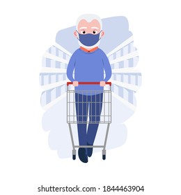 Old man with medical masks and shopping cart in grocery store or supermarket. Cute grandfather. Cartoon character. Vector illustration