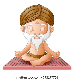 old man meditate while sitting on a board with nails in a lotus pose