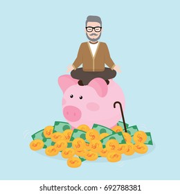 Old man meditates on piggy bank with a pile of coins and bank note, Pension