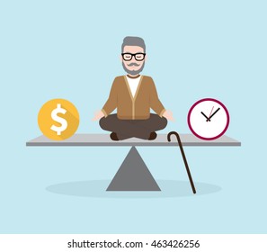 Old Man Meditation with Business concept Work Life Balance, Money Time Balance