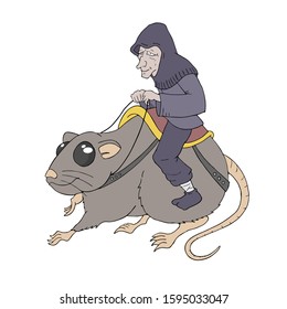 old man mounted on giant rat