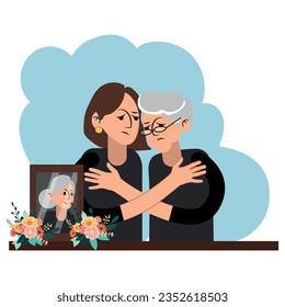 old man in mourning, grief concept, man and woman hug each other and both are sad. vector illustration.