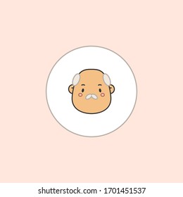 Old man with moustache. Round sticker. Stylish green Haircut. Minimalistic Icon. Colorful Outline Vector illustration. Head with wide chin. Isolated on pink. Cartoon Asian style. Simple cute design