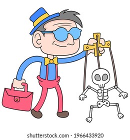 El anciano estaba moviendo una muñeca de marioneta en forma de cráneo, ilustración vectorial del arte. imagen del ícono del doodle kawaii.