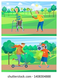 Old man moving on scooter, senior holding record player, grandparents going with walker equipment, grandmother walking with stick in park, leisure vector