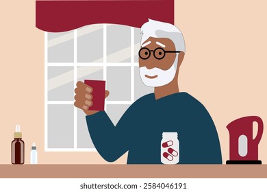 Old man with a mug of water taking medicine in the kitchen