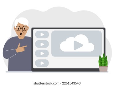 A old man near a large screen TV, tablet or computer with a video play button. The concept of watching a video, channel or live broadcast. Vector flat illustration