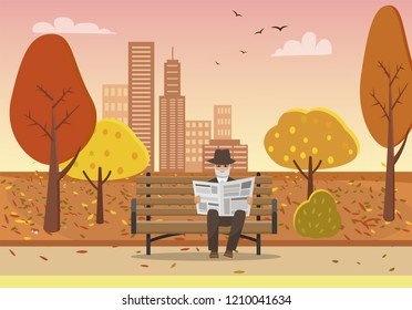 Old man with newspaper in hands sitting on bench in autumn city park vector. Skyscrapers and building infrastructure, trees with leaves falling down