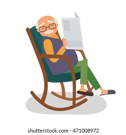 Old man with newspaper in her rocking chair. Vector illustration