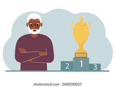 A old man next to the pedestal on which the cup for victory and first place. Vector flat illustration.
