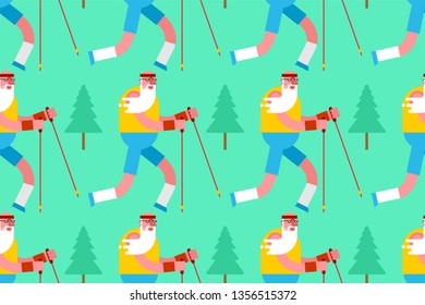Old man Nordic walking in forest pattern seamless. Grandfather go with ski poles. Training for pensioners ornament. Elderly runner background