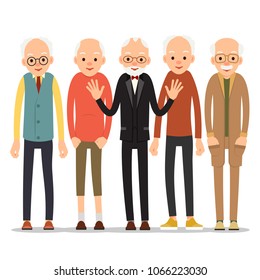 Old man. Older man character in various poses. Man in suit, shirt and tie. Set cartoon illustration isolated on white background in flat style.