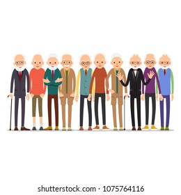 Old man. Older man character in various poses. Man in suit, shirt and tie. Set cartoon illustration isolated on white background in flat style.