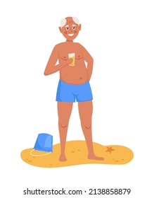 Old Man On The Beach  Standing And Smiling With A Orange Cocktail In His Hand On A White Background. Holidays, Vacation, Beach. Vector Illustration