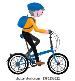 Old man on bike with helmet and backpack. Flat style isolated vector illustration.