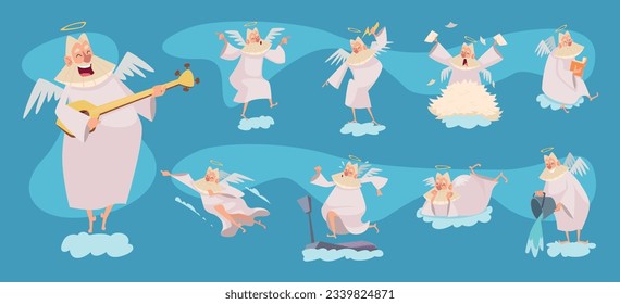 Old man on cloud. Holy elderly character with beard different action poses exact vector funny character of angels