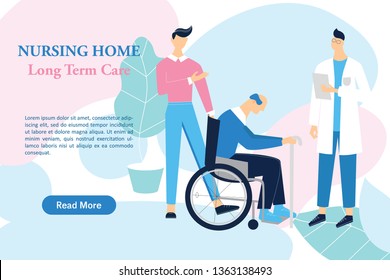 Old Man On Wheelchair And Family Member Behind Him Talking With Doctor. Nursing Home Concept Banner. Health Worker Helps Retiree With His Physical Recovery.