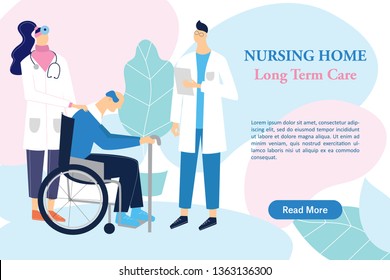 Old man on wheelchair talking with doctor and nurse. Nursing home concept banner. Health worker helps retiree with his physical recovery.